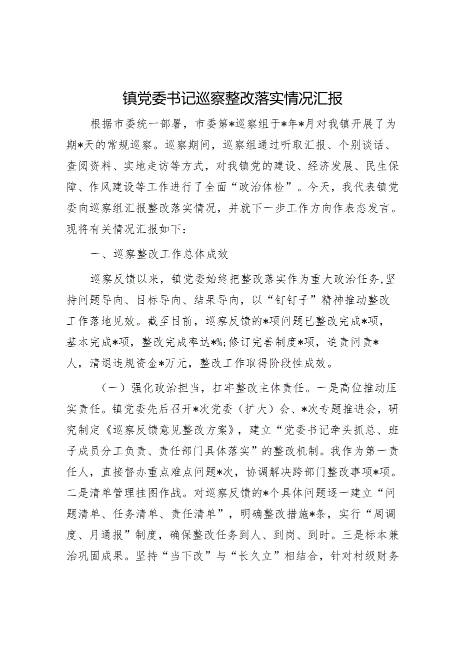 镇党委书记巡察整改落实情况汇报.docx_第1页