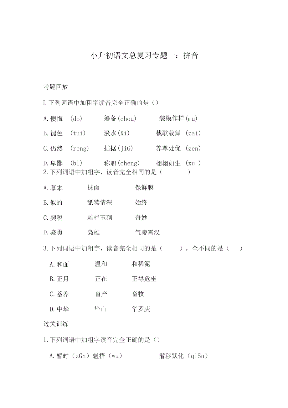 小升初语文总复习专题练习题及答案共20个专题练习.docx_第1页