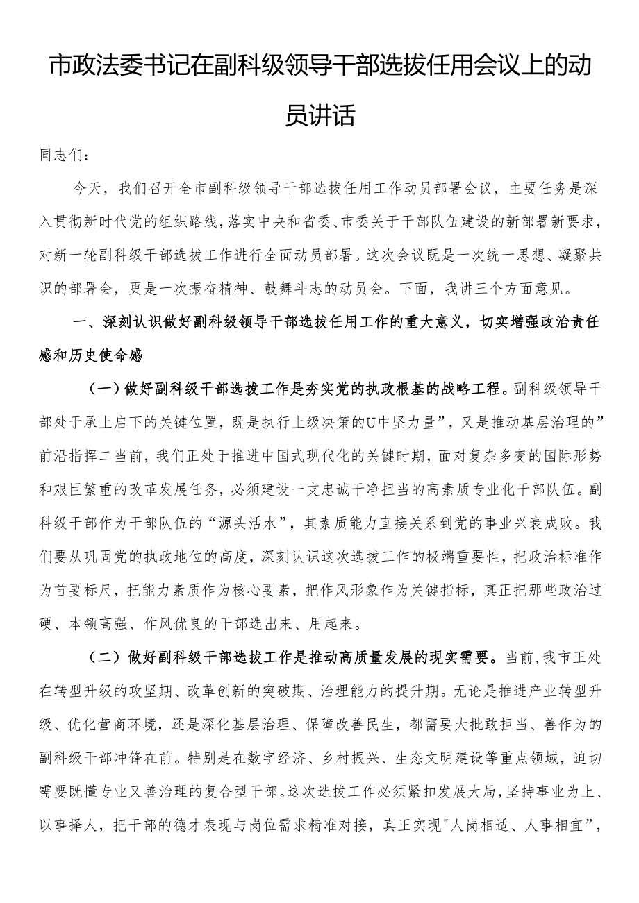 市政法委书记在副科级领导干部选拔任用会议上的动员讲话.docx_第1页