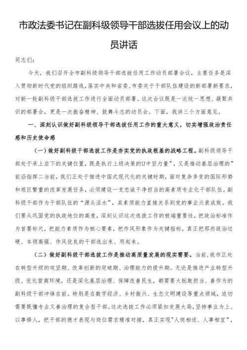 市政法委书记在副科级领导干部选拔任用会议上的动员讲话.docx