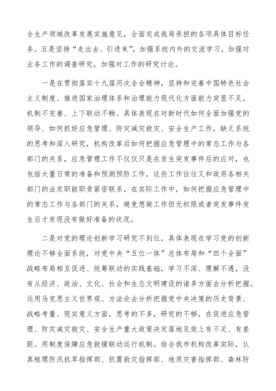 某市应急管理局领导班子2021五个方面民主生活会对照检查材料.docx_第2页