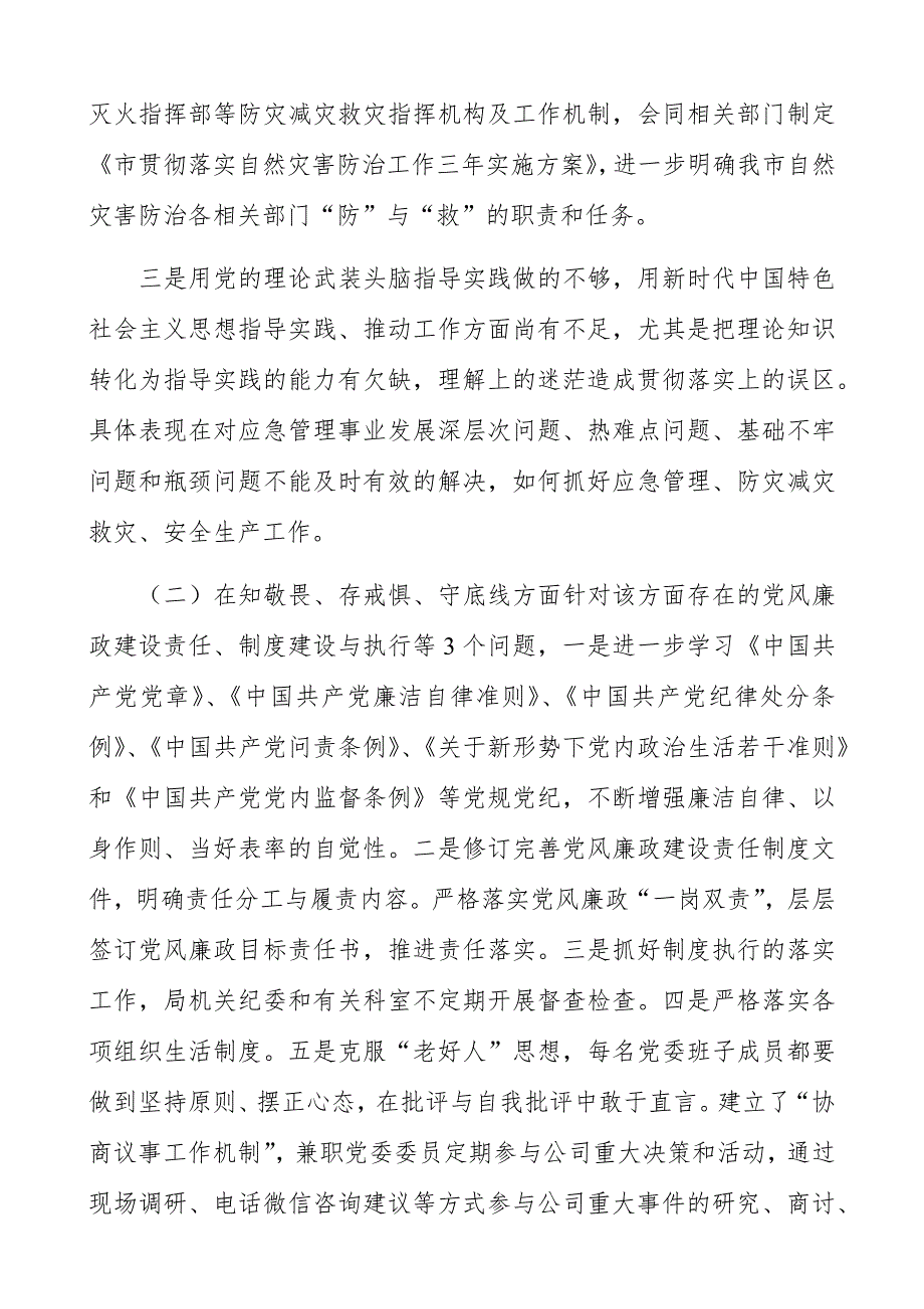 某市应急管理局领导班子2021五个方面民主生活会对照检查材料.docx_第3页