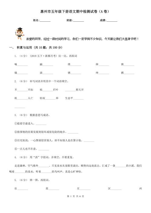 惠州市五年级下册语文期中检测试卷A卷.doc