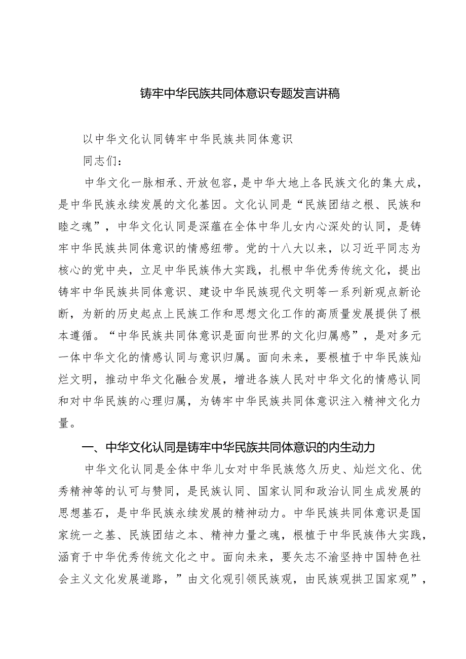 4篇铸牢中华民族共同体意识专题发言讲稿（精选模板）.docx_第1页