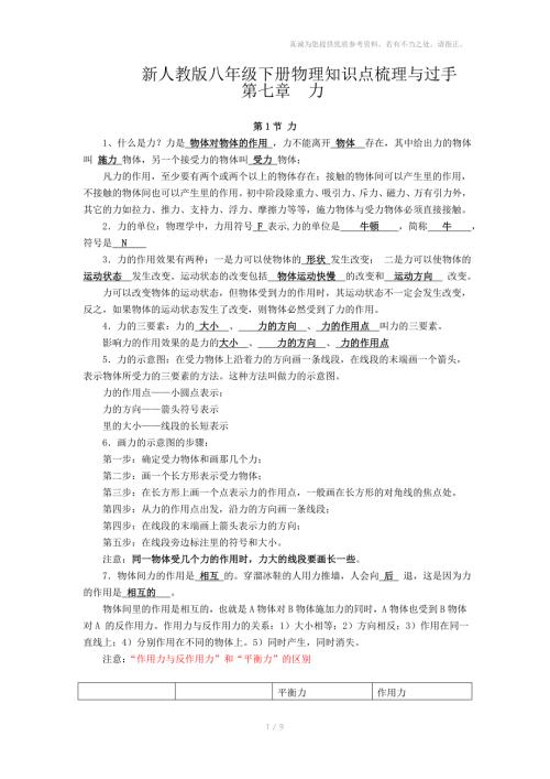 新人教版八年级下册物理知识点梳理与过.doc