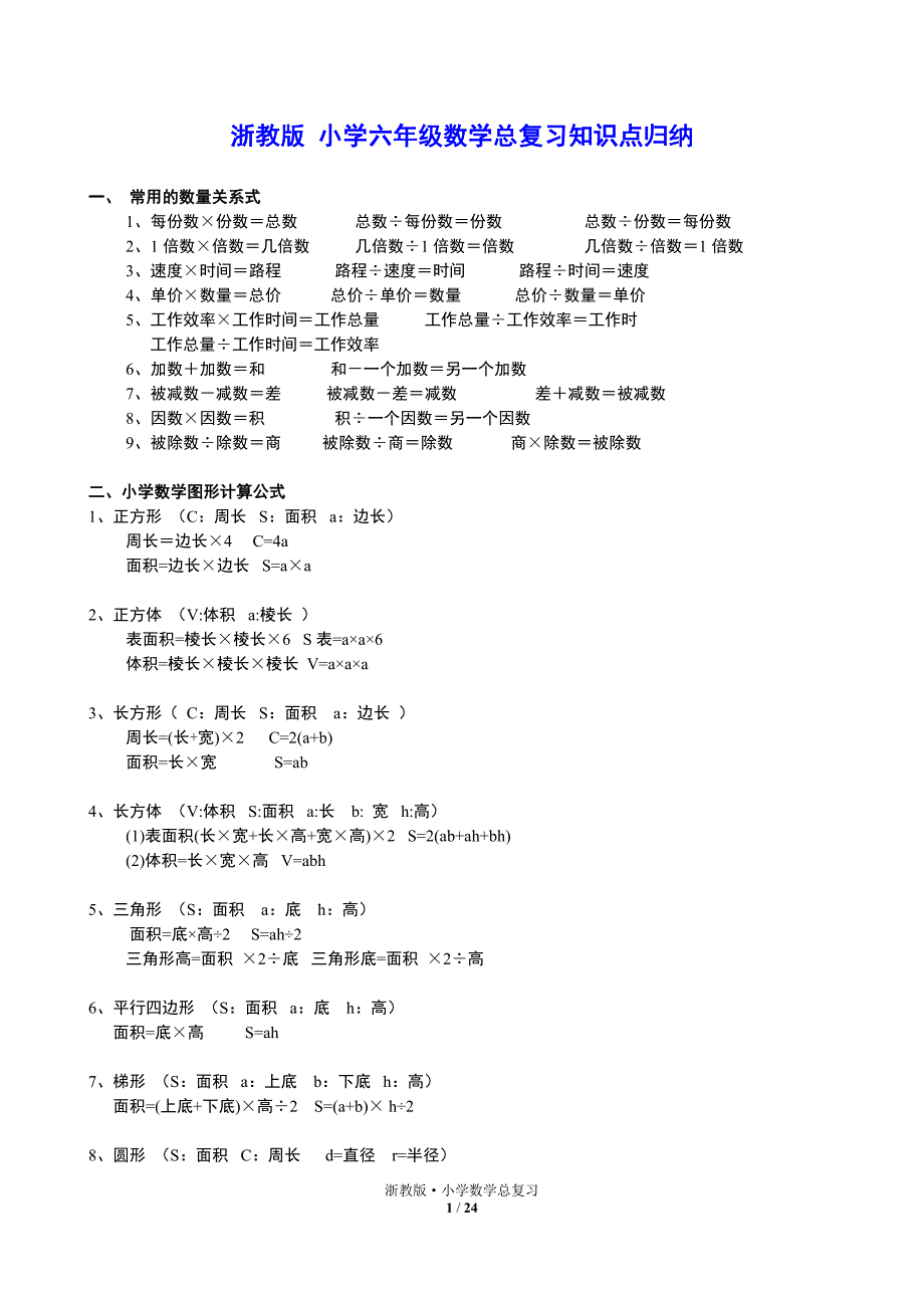 浙江版小学数学六年级总复习知识点归纳.doc_第1页