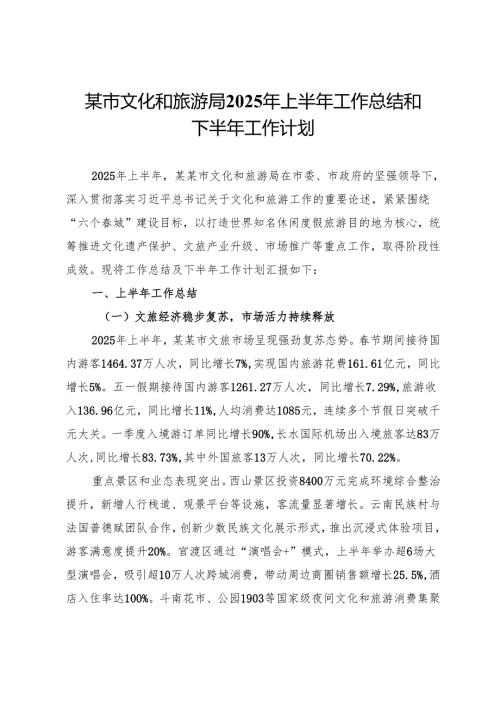 某市文化和旅游局2025年上半年工作总结和下半年工作计划.docx