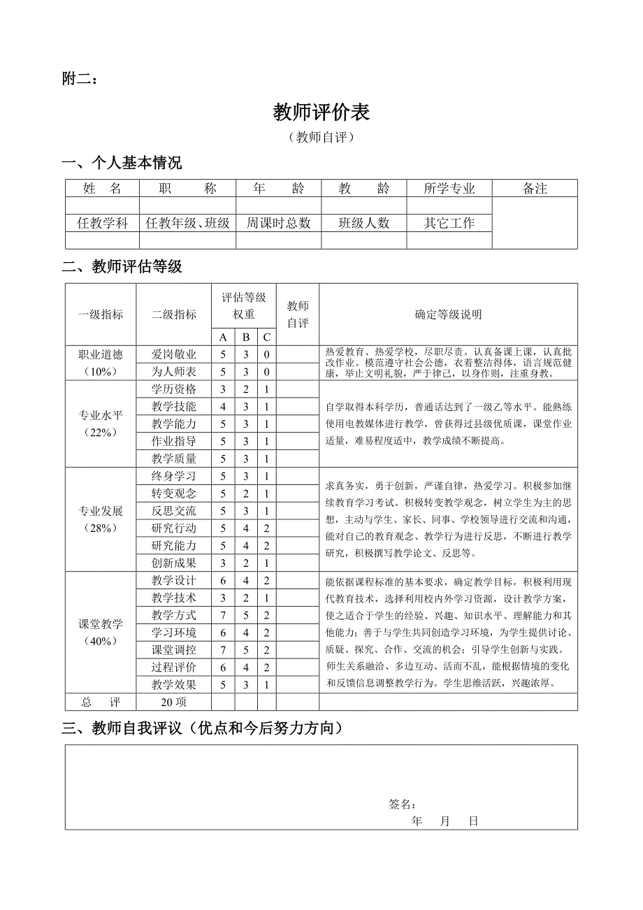 小学教师评价表自评互评领导学生同行家长.doc_第1页