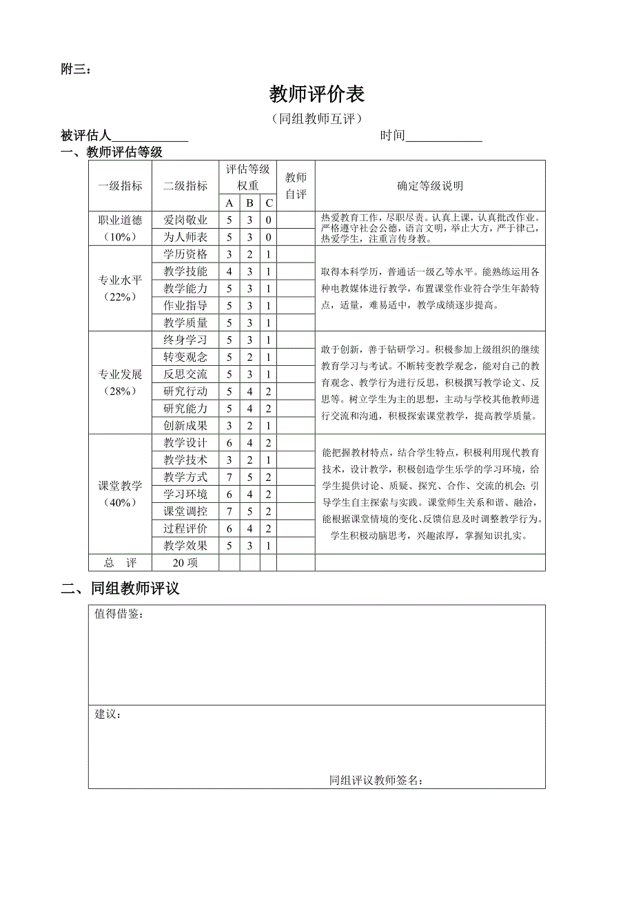 小学教师评价表自评互评领导学生同行家长.doc_第2页