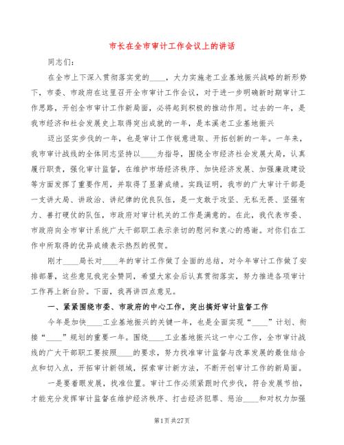 市长在全市审计工作会议上的讲话5篇.doc