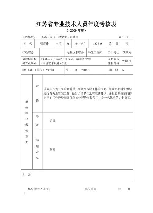 江苏省专业技术人员考核表09.doc
