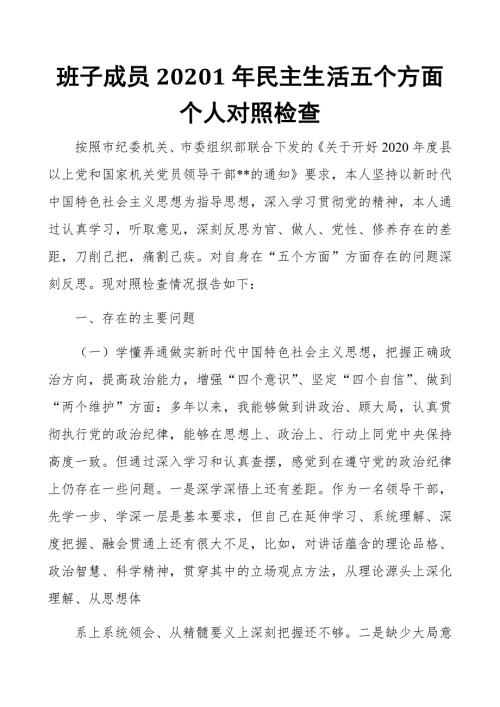 班子成员20201年民主生活五个方面个人对照检查.docx