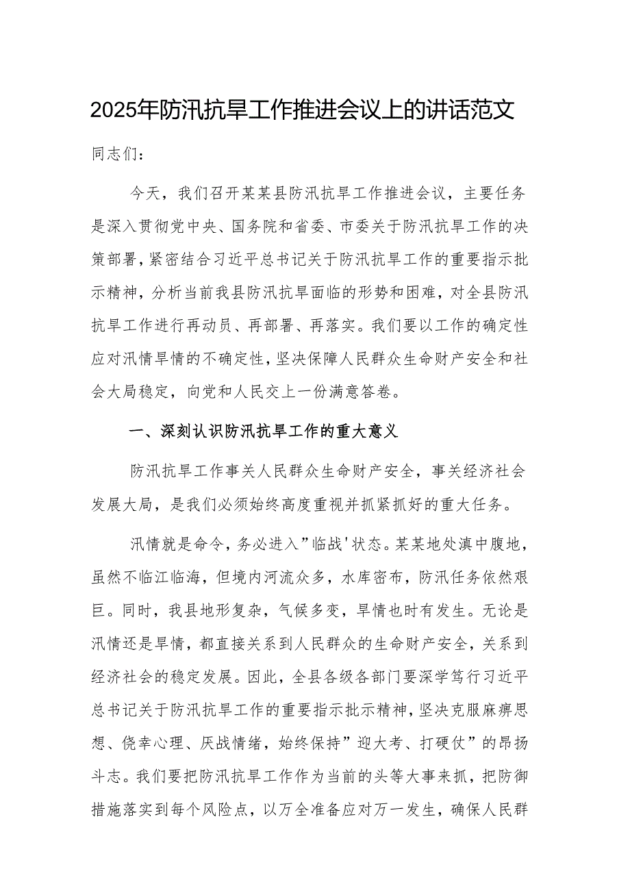 2025年防汛抗旱工作推进会议上的讲话范文.docx_第1页