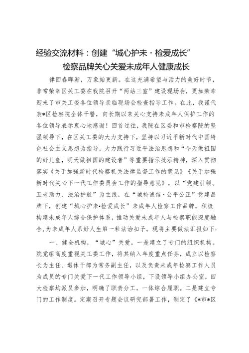 经验交流材料：创建“城心护未·检爱成长”检察品牌关心关爱未成年人健康成长.docx