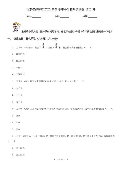 山东省潍坊市20202021小升初数学试卷II卷.doc