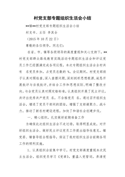 村党支部专题组织生活会小结.doc