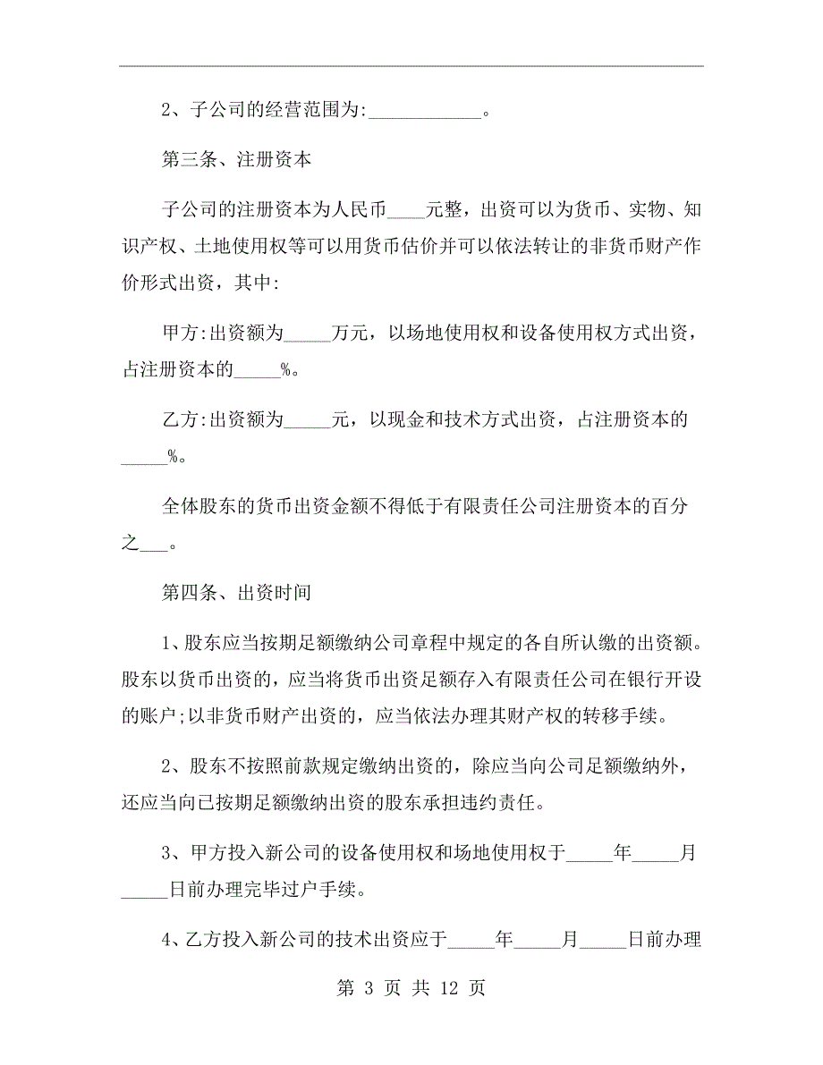 投资成立子公司协议书范本.doc_第3页