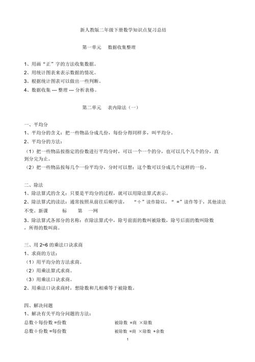 新人教版二年级下册数学必考知识点归纳总结精简版.doc