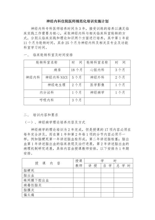 浅论神经内科住院医师规范化培训实施计划.doc