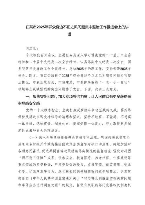 在某市2025年群众身边不正之风问题集中整治工作推进会上的讲话精选（5篇）.docx