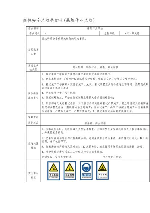 岗位安全风险告知卡基坑作业风险.doc
