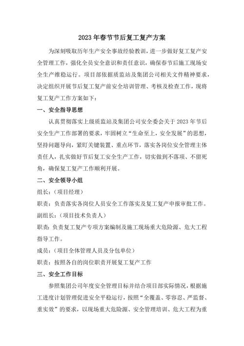建筑施工总承包项目2023年节节后复工复产方案.docx