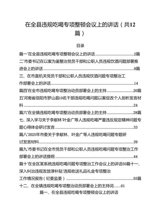 12篇在全县违规吃喝专项整顿会议上的讲话范文.docx