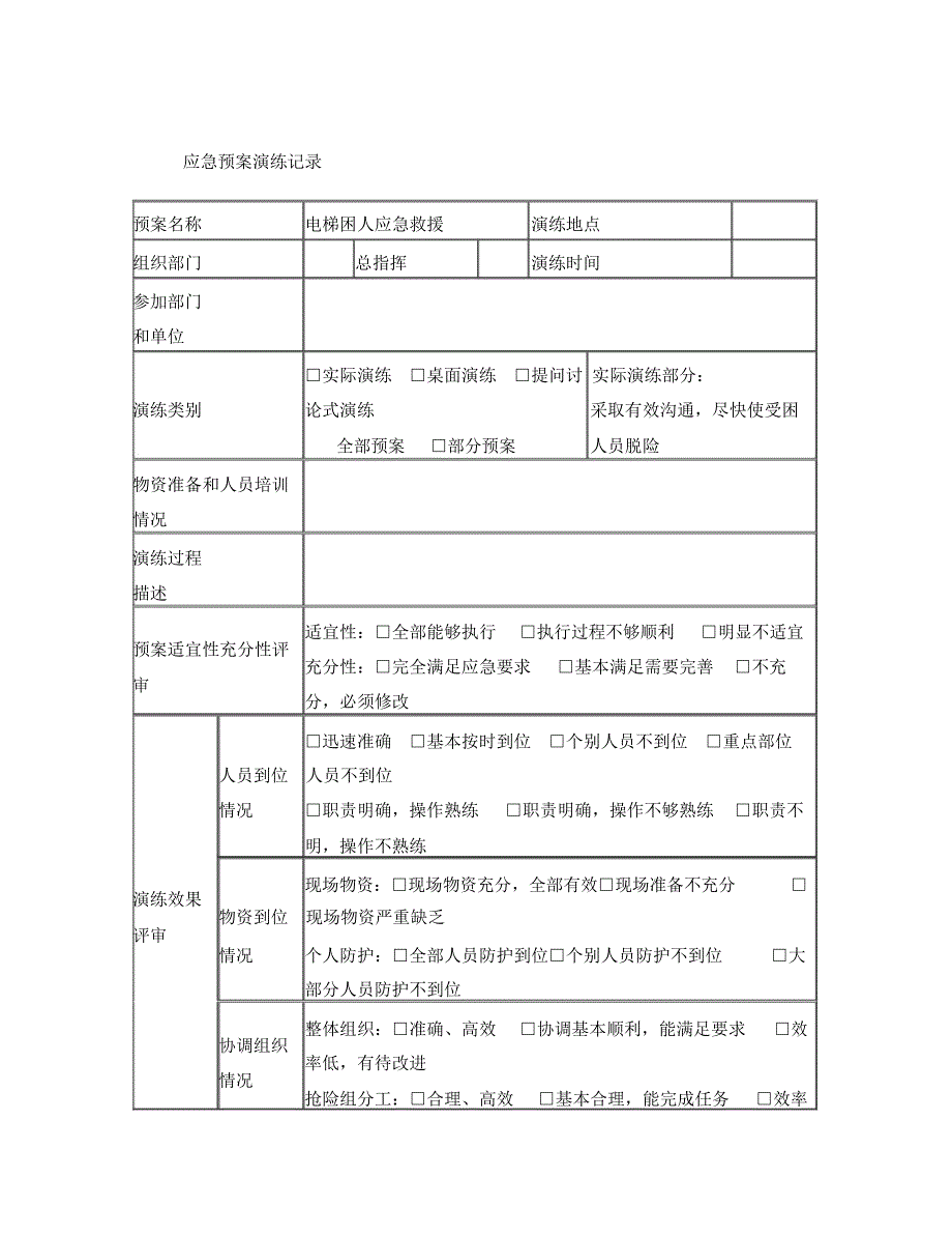 电梯应急演练记录表格.doc_第1页
