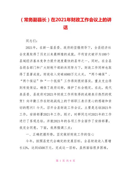 常务副县长在2021年财政工作会议上的讲话.doc