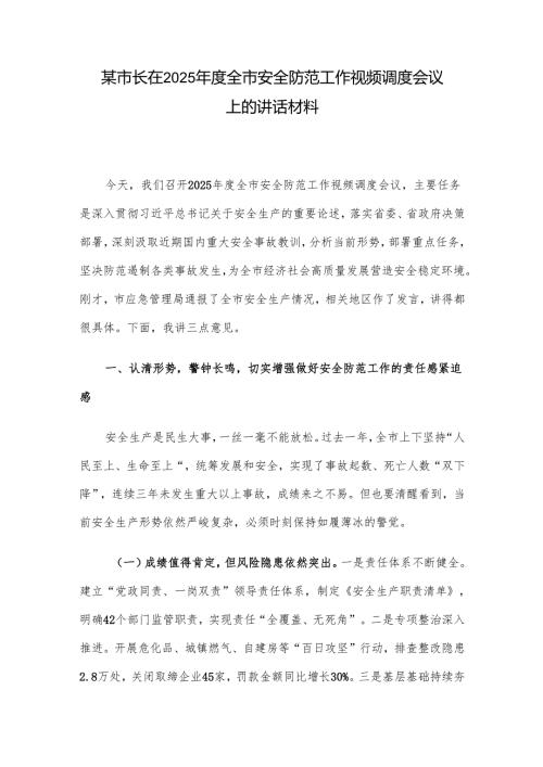 某市长在2025全市安全防范工作视频调度会议上的讲话材料.docx