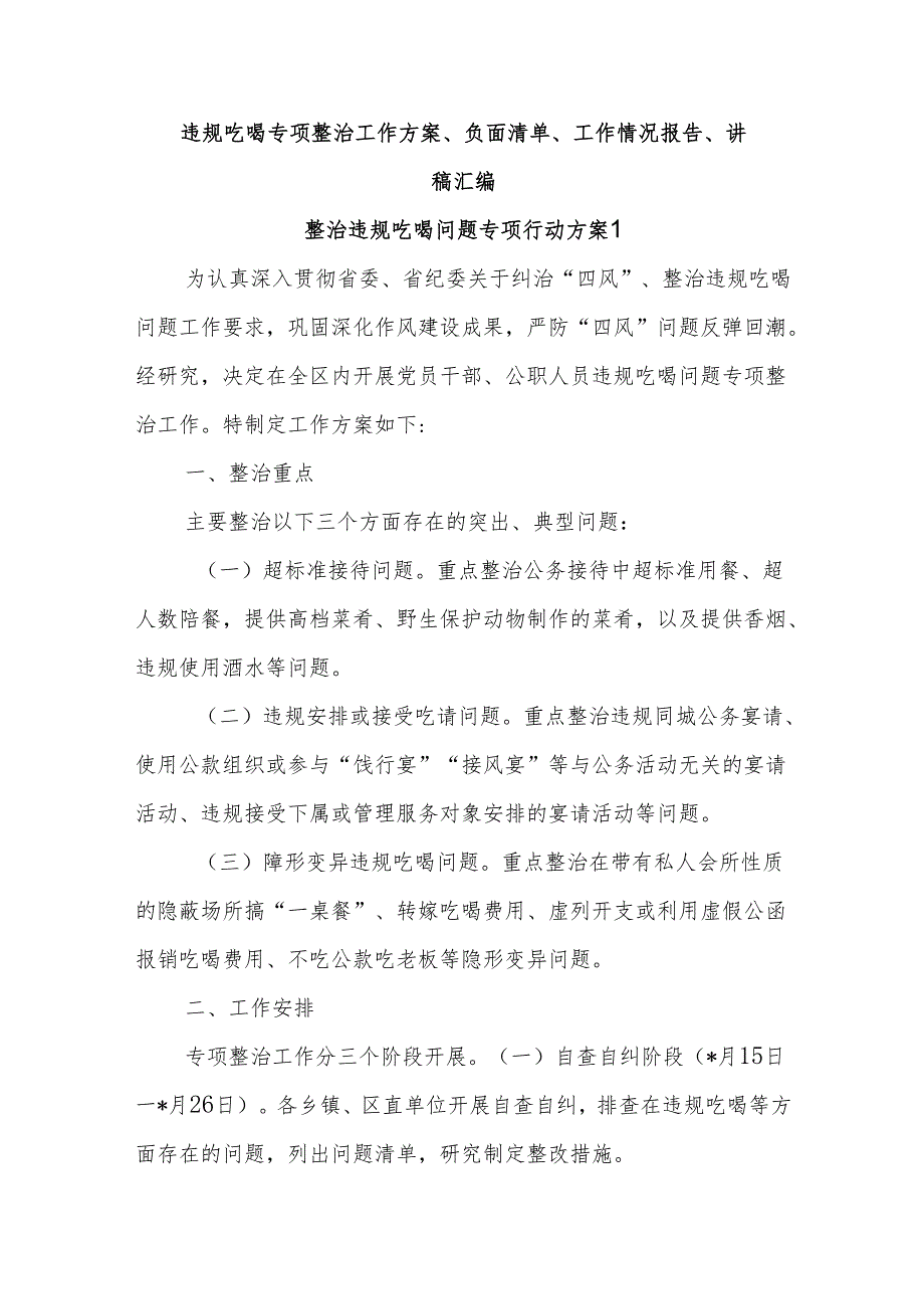 违规吃喝专项整治工作方案、负面清单、工作情况报告、讲稿汇编.docx_第1页