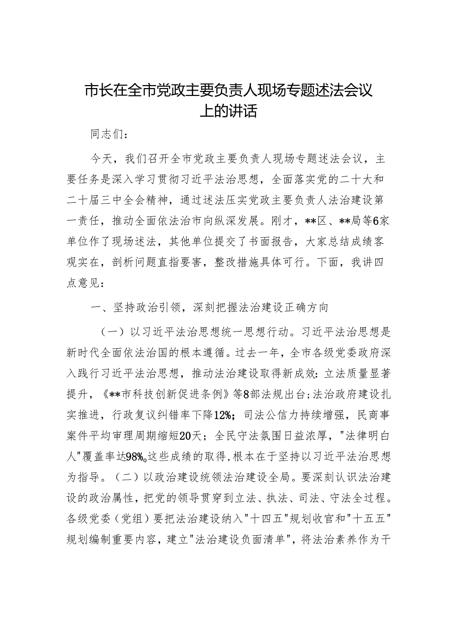 市长在全市党政主要负责人现场专题述法会议上的讲话.docx_第1页