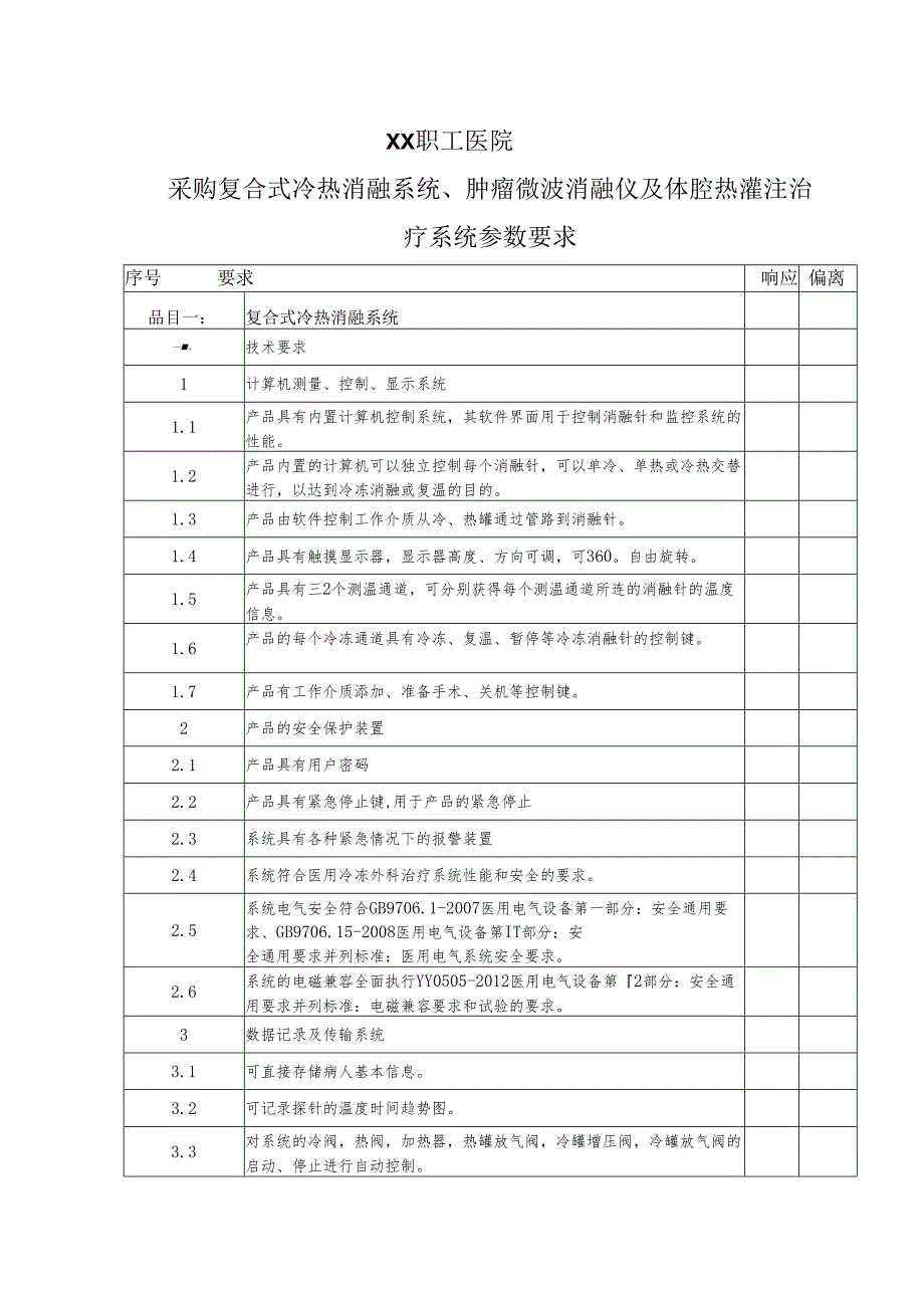 XX职工医院采购复合式冷热消融系统、肿瘤微波消融仪及体腔热灌注治疗系统参数要求（2025年）.docx_第1页