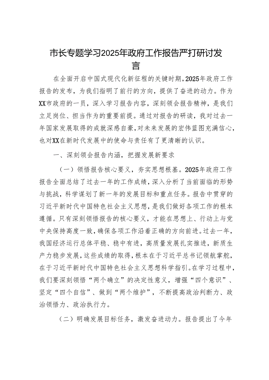 市长专题学习2025年政府工作报告严打研讨发言.docx_第1页