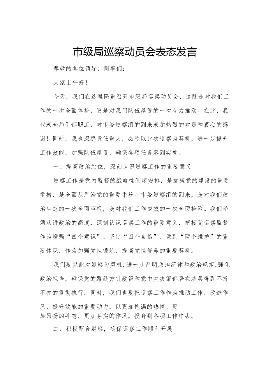 市级局巡察动员会表态发言2.docx_第1页