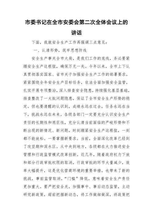 市委书记在全市安委会第二次全体会议上的讲话.doc