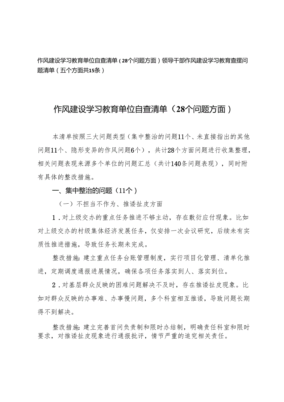 作风建设学习教育单位自查清单（28个问题方面）+领导干部作风建设学习教育查摆问题清单（五个方面共15条）.docx_第1页