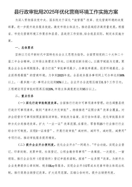 县行政审批局2025年优化营商环境工作实施方案.docx