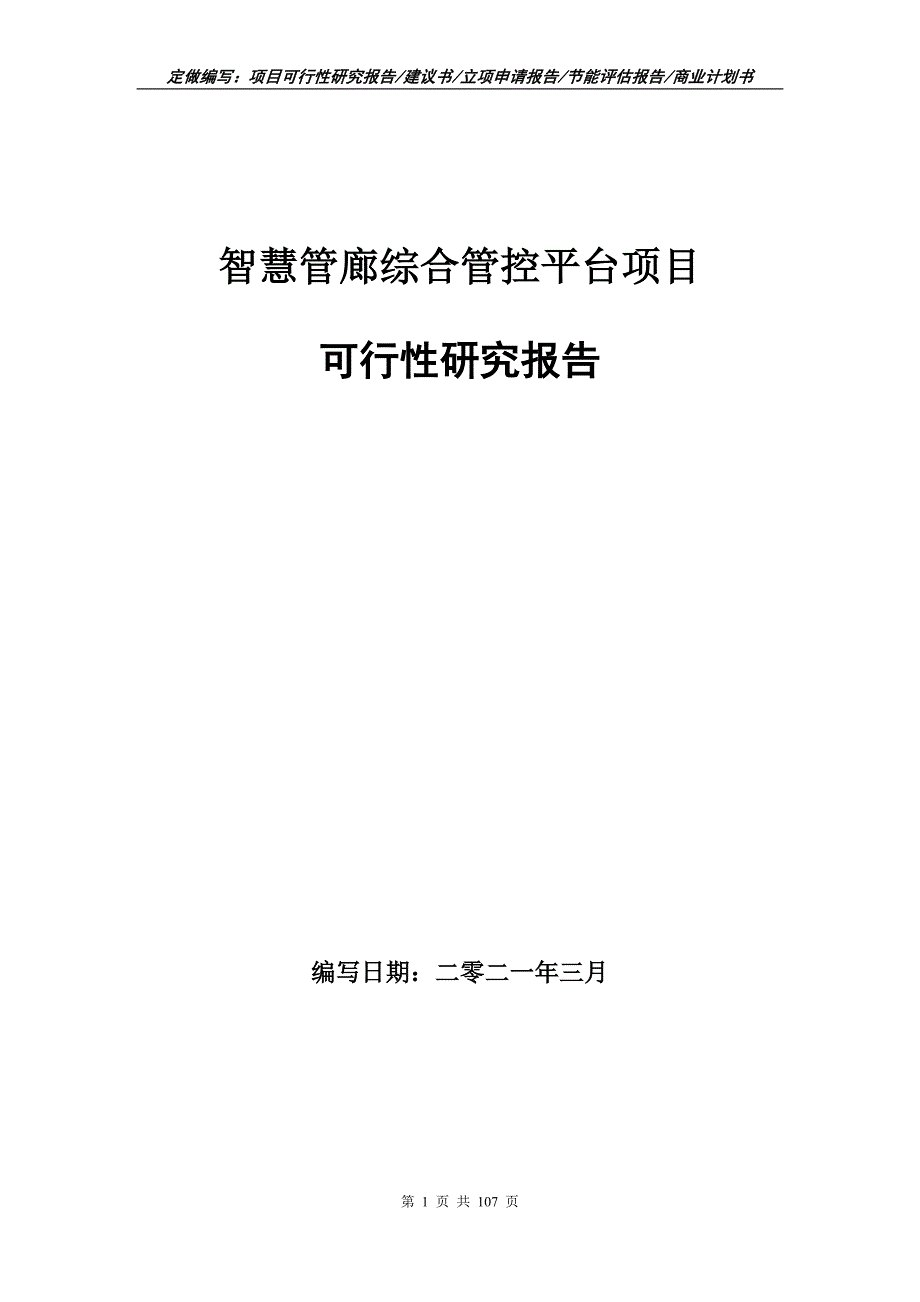 智慧管廊综合管控平台项目可行性研究报告写作范本.doc_第1页