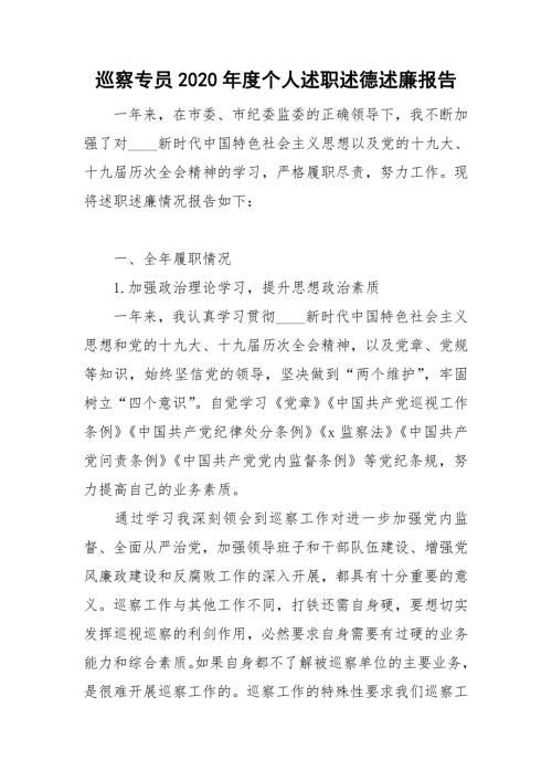 巡察专员2020个人述职述德述廉报告.doc