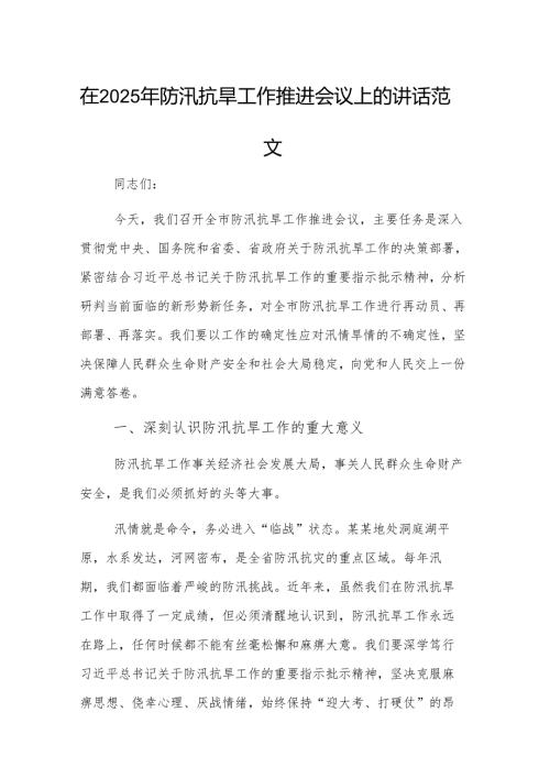在2025年防汛抗旱工作推进会议上的讲话范文.docx