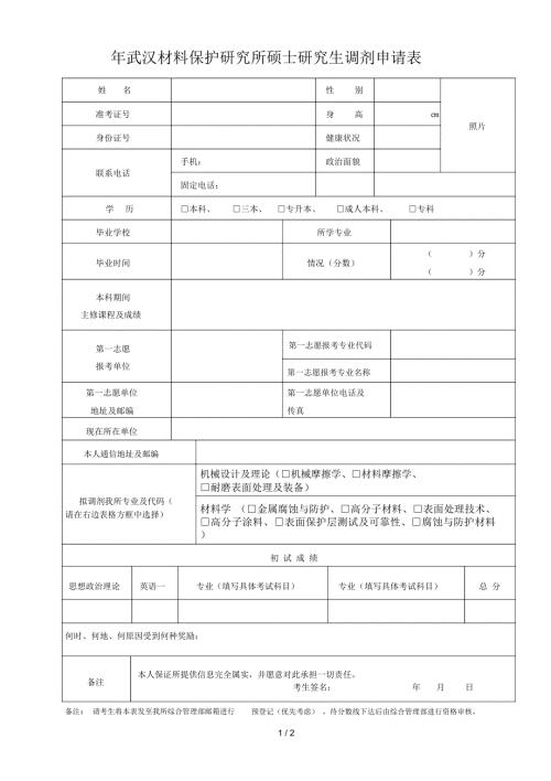 武汉材料保护研究所硕士研究生调剂申请表.docx