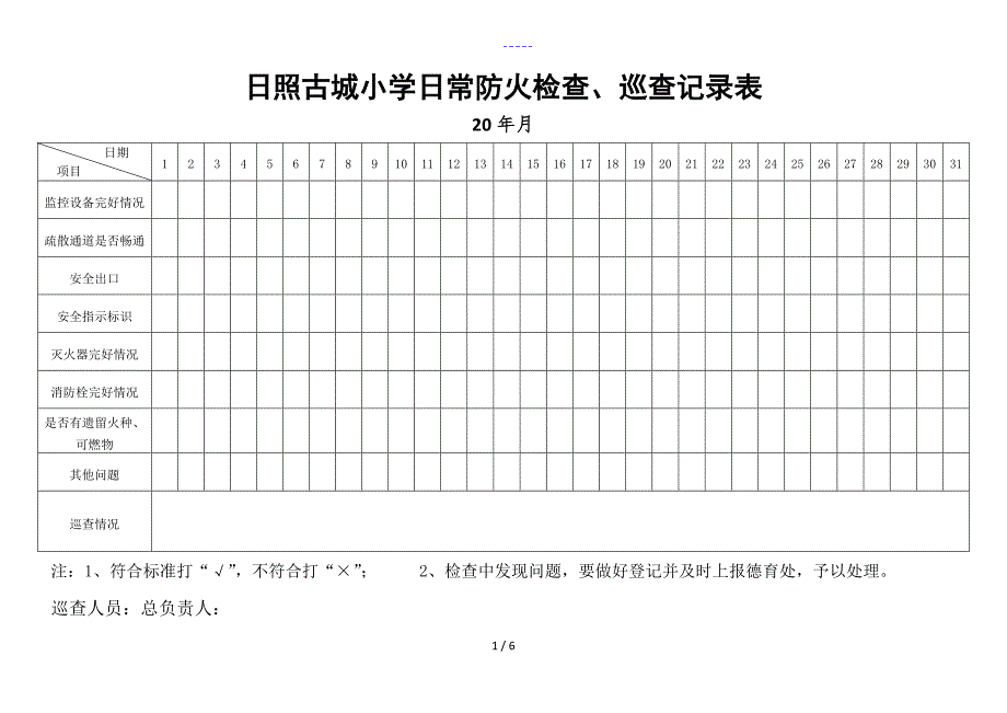 日照古城小学日常防火检查巡查记录文稿表.doc_第1页
