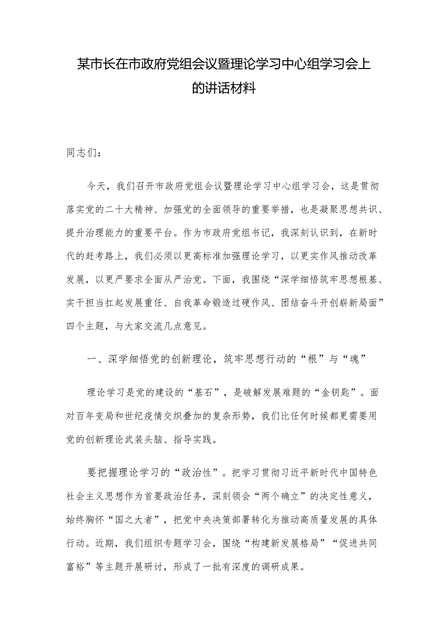 某市长在市政府党组会议暨理论学习中心组学习会上的讲话材料.docx_第1页