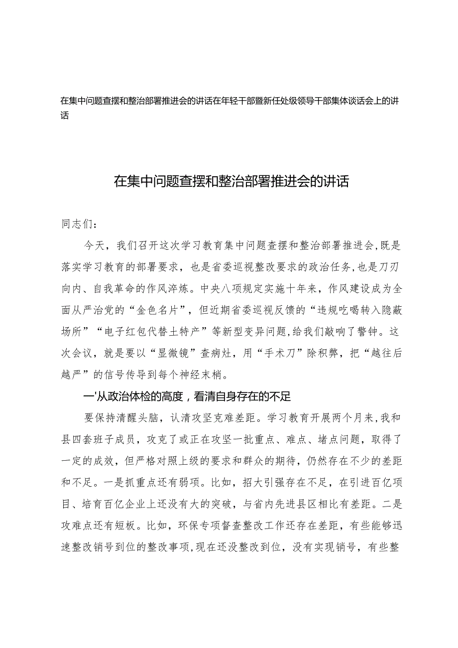 2025年在集中问题查摆和整治部署推进会的讲话+在年轻干部暨新任处级领导干部集体谈话会上的讲话.docx_第1页