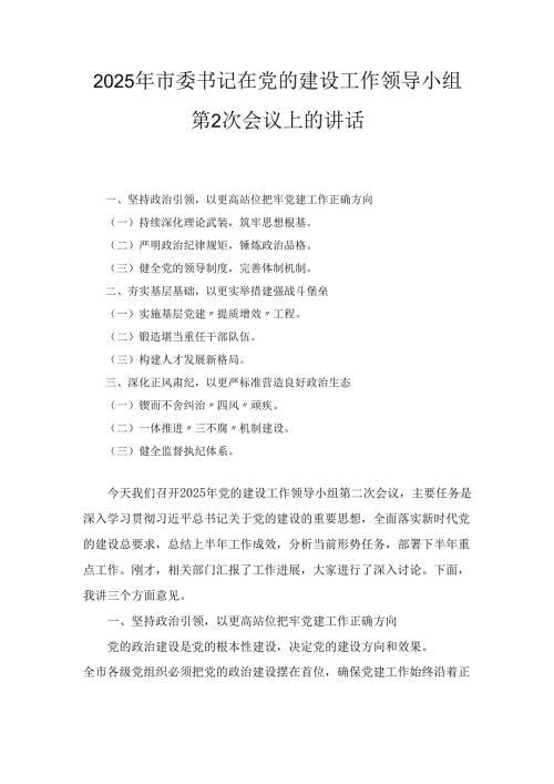 2025年市委书记在党的建设工作领导小组第2次会议上的讲话.docx