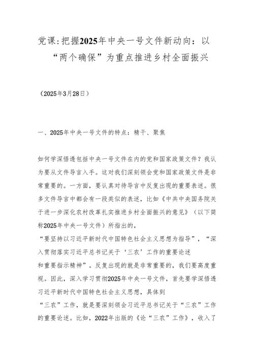 党课：把握2025年中央一号文件新动向： 以“两个确保”为重点推进乡村全面振兴.docx