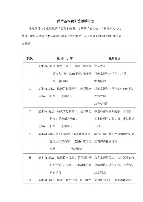 武术基本功训练教学计划.doc