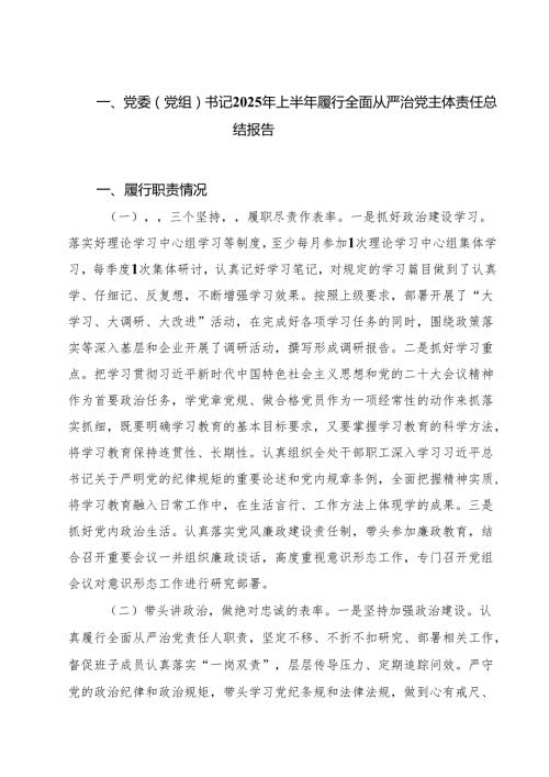 （6篇）党委（党组）书记2025年上半年履行全面从严治党主体责任总结报告范文.docx