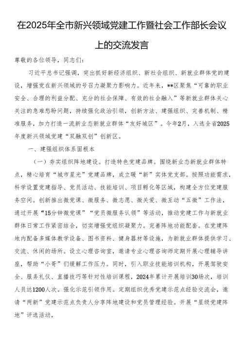 在2025年全市新兴领域党建工作暨社会工作部长会议上的交流发言.docx